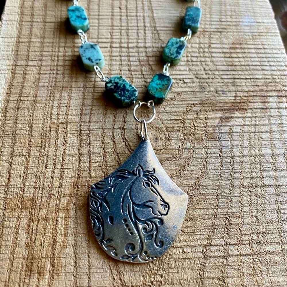 Silver Tone Horse Pendant Necklace with Turquoise Beads - Picture 1 of 9